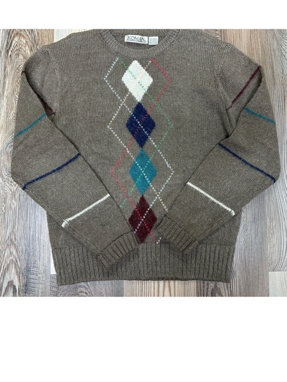Vintage Koman 90’s Sweater Men’s Brown Argyle Crewneck Size Large